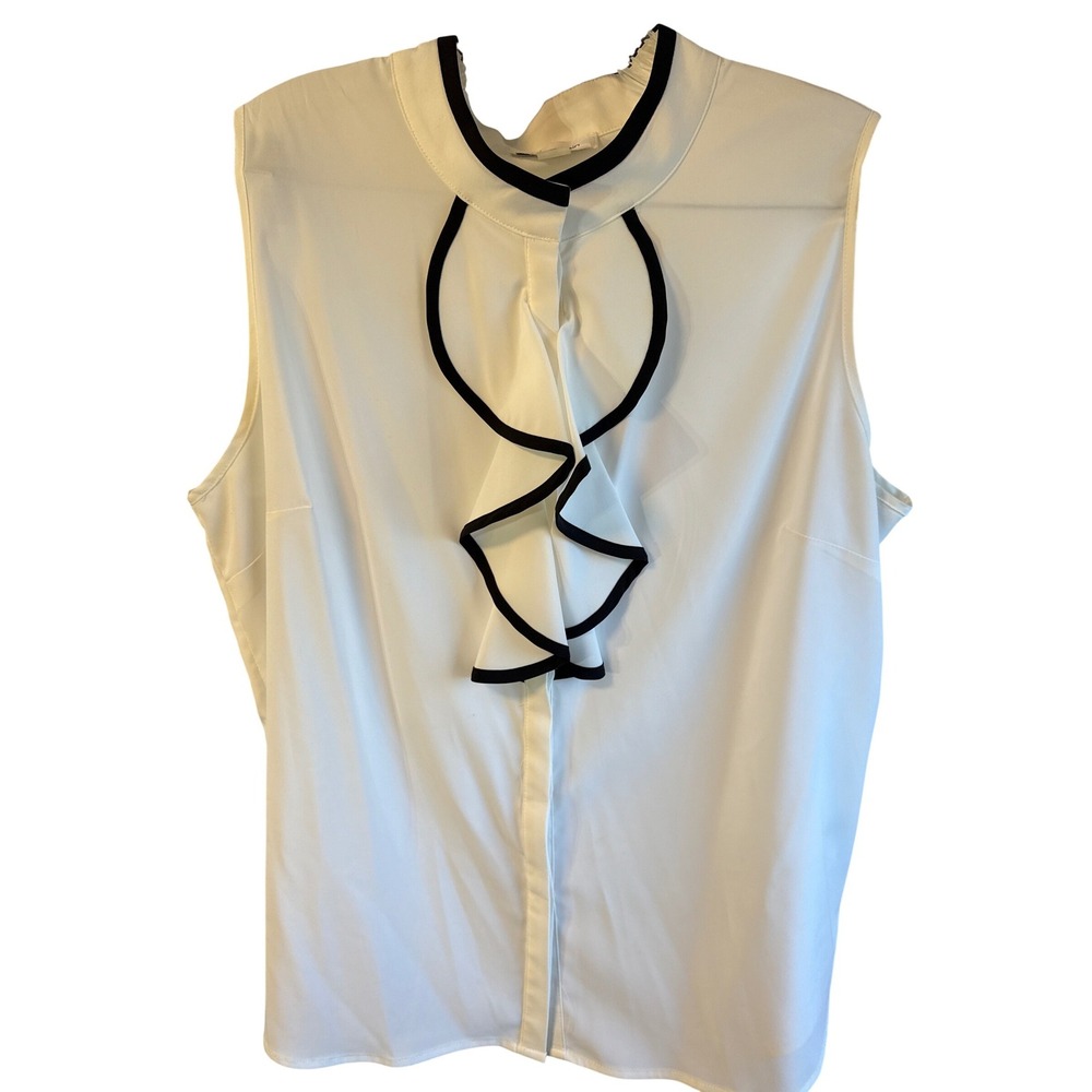 Calvin Klein Womens XL White Sleeveless Ruffle Front Blouse Black Trim‎ Office